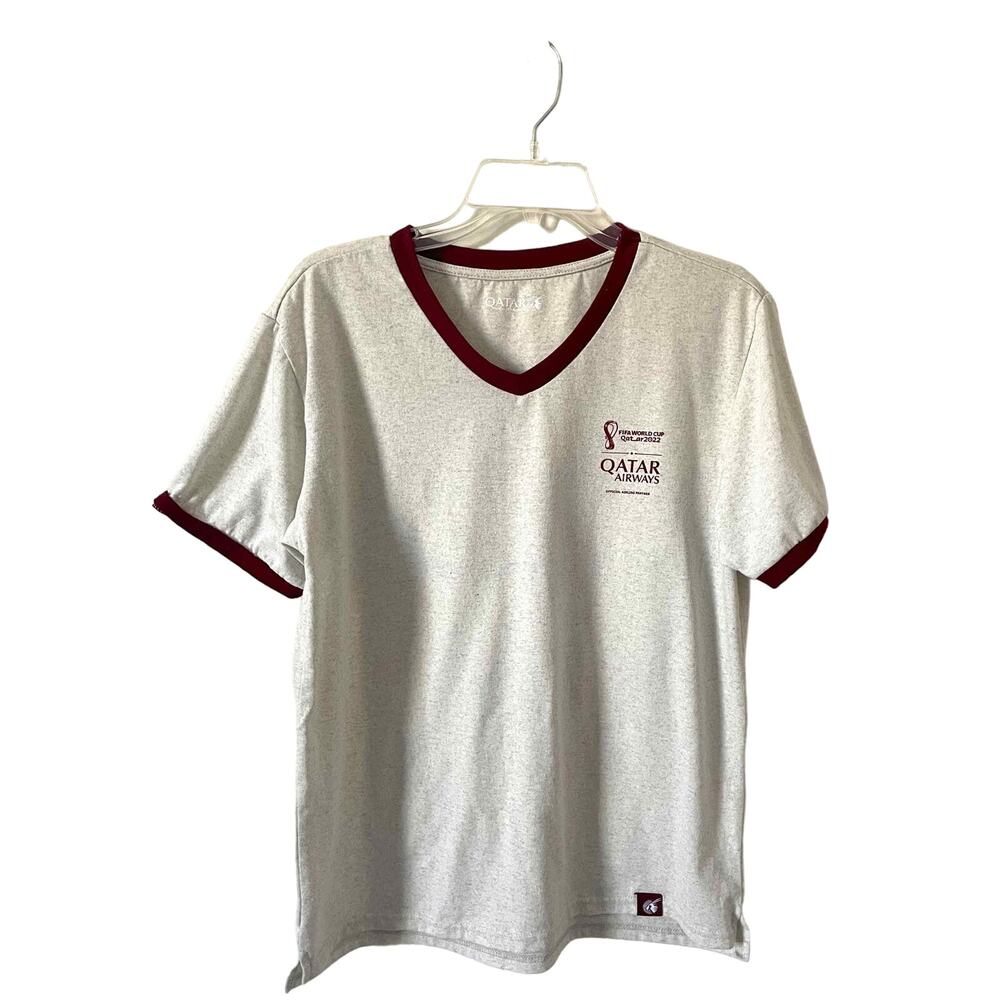 Qatar Airlines World Cup 2022 V-Neck T-Shirt Gray Maroon Size Small